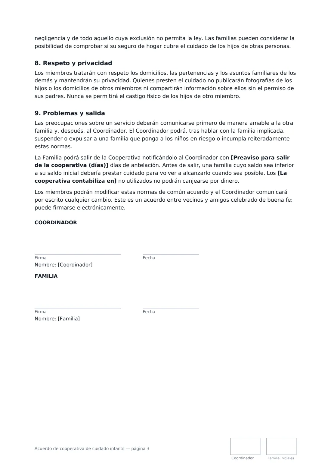 Acuerdo de cooperativa de cuidado infantil: página 3 de 3