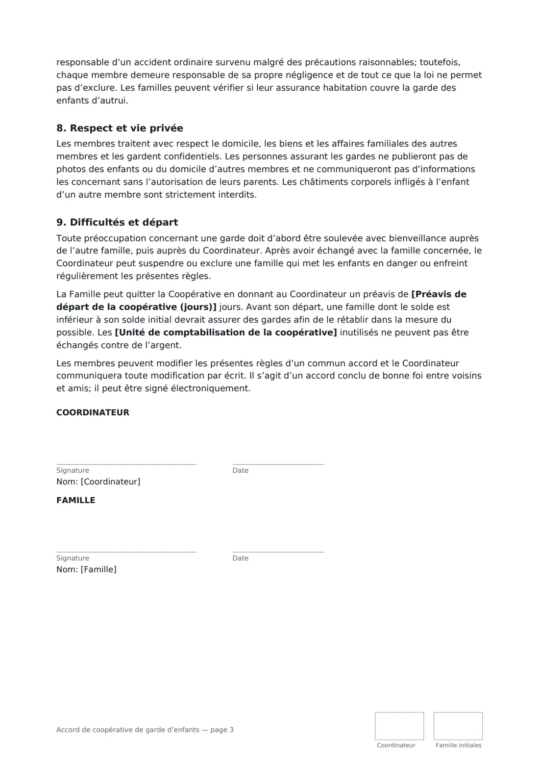 Accord de coopérative de garde d’enfants — page 3 sur 3