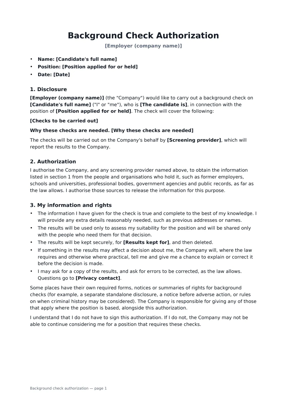 Background check authorization — page 1 of 2