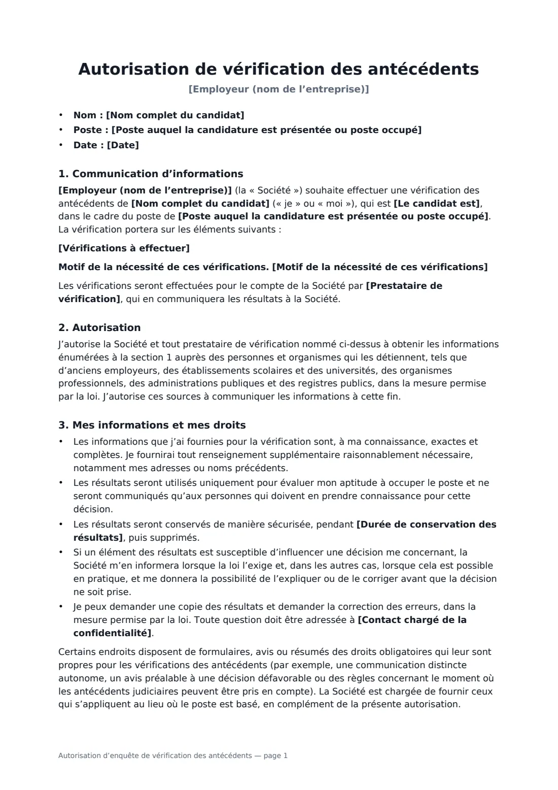 Autorisation d’enquête de vérification des antécédents — page 1 sur 2