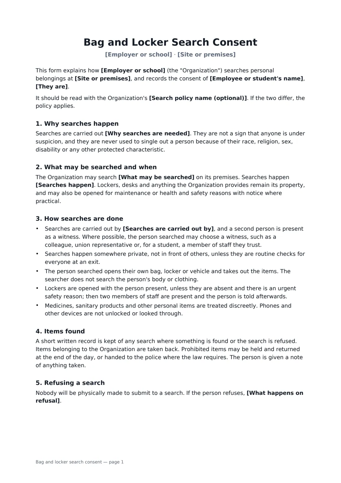 Bag and locker search consent — page 1 of 2
