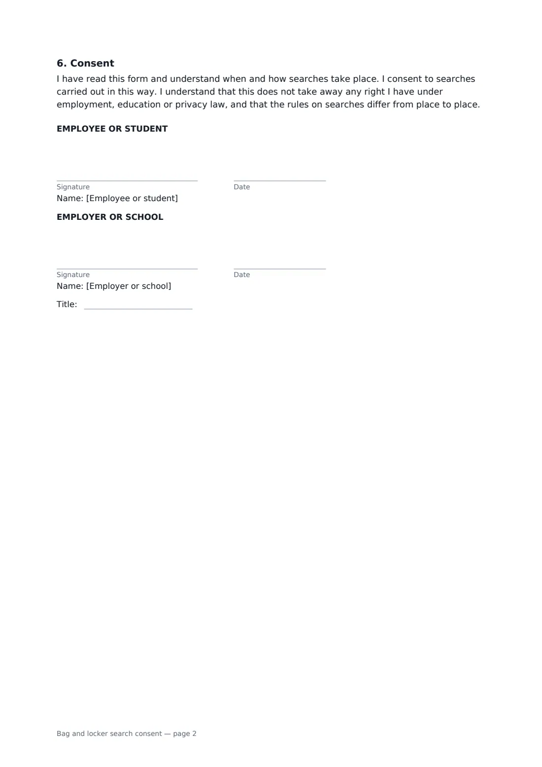 Bag and locker search consent — page 2 of 2