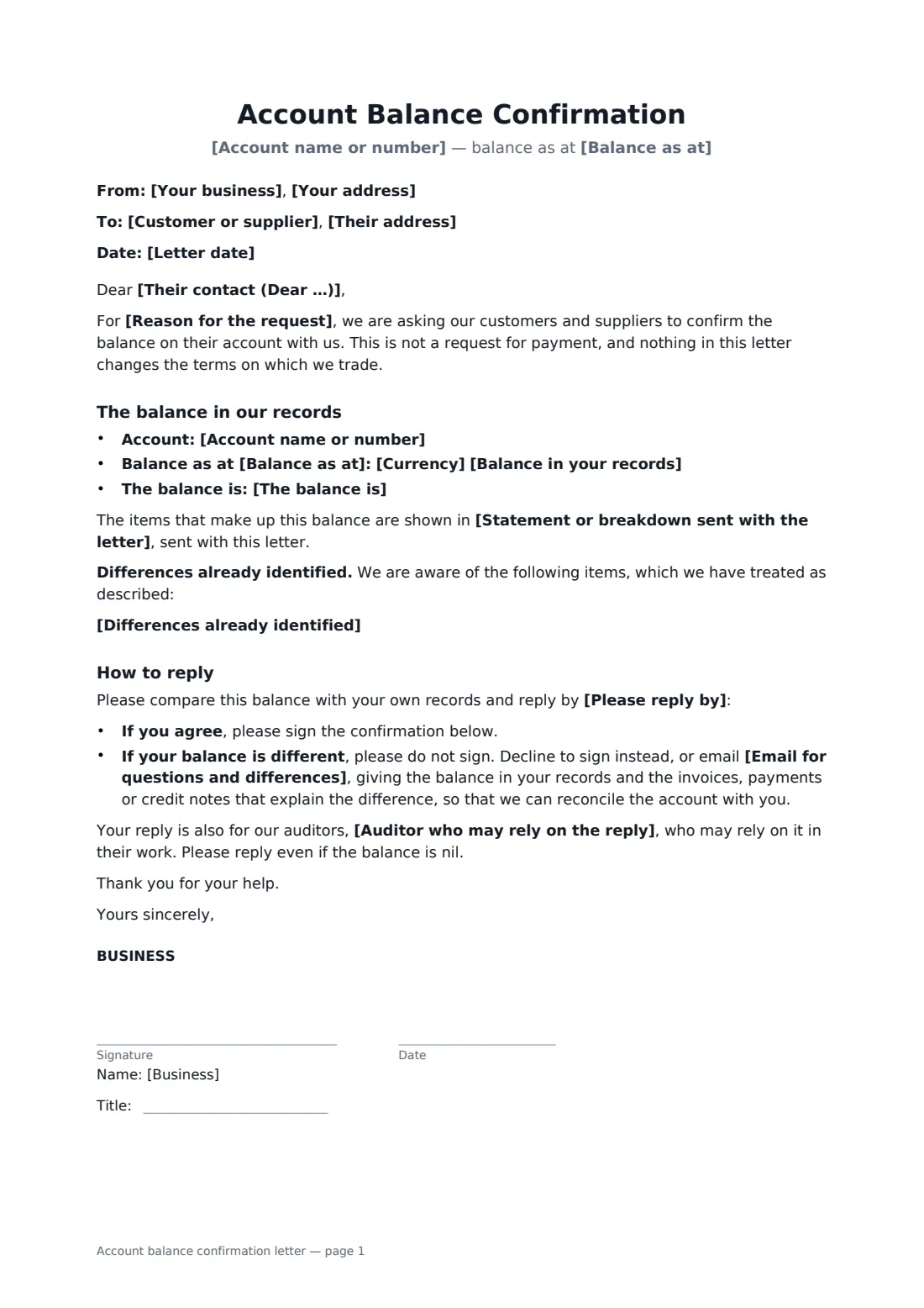 Account balance confirmation letter — page 1 of 2