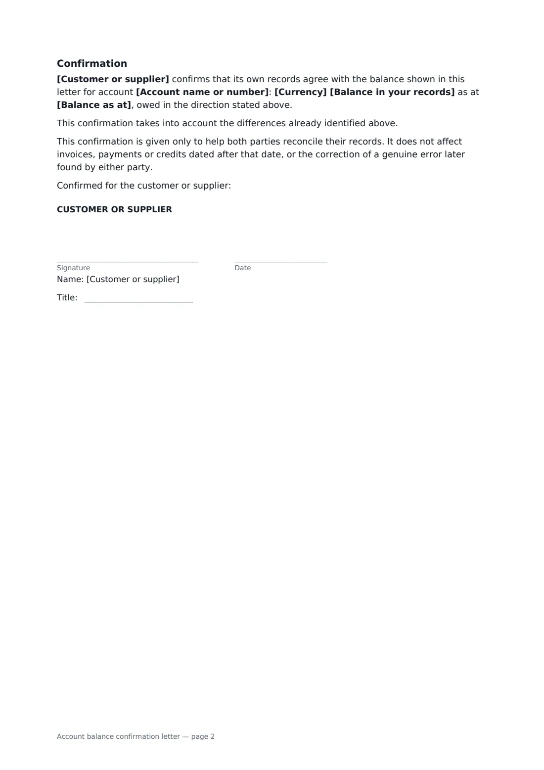 Account balance confirmation letter — page 2 of 2