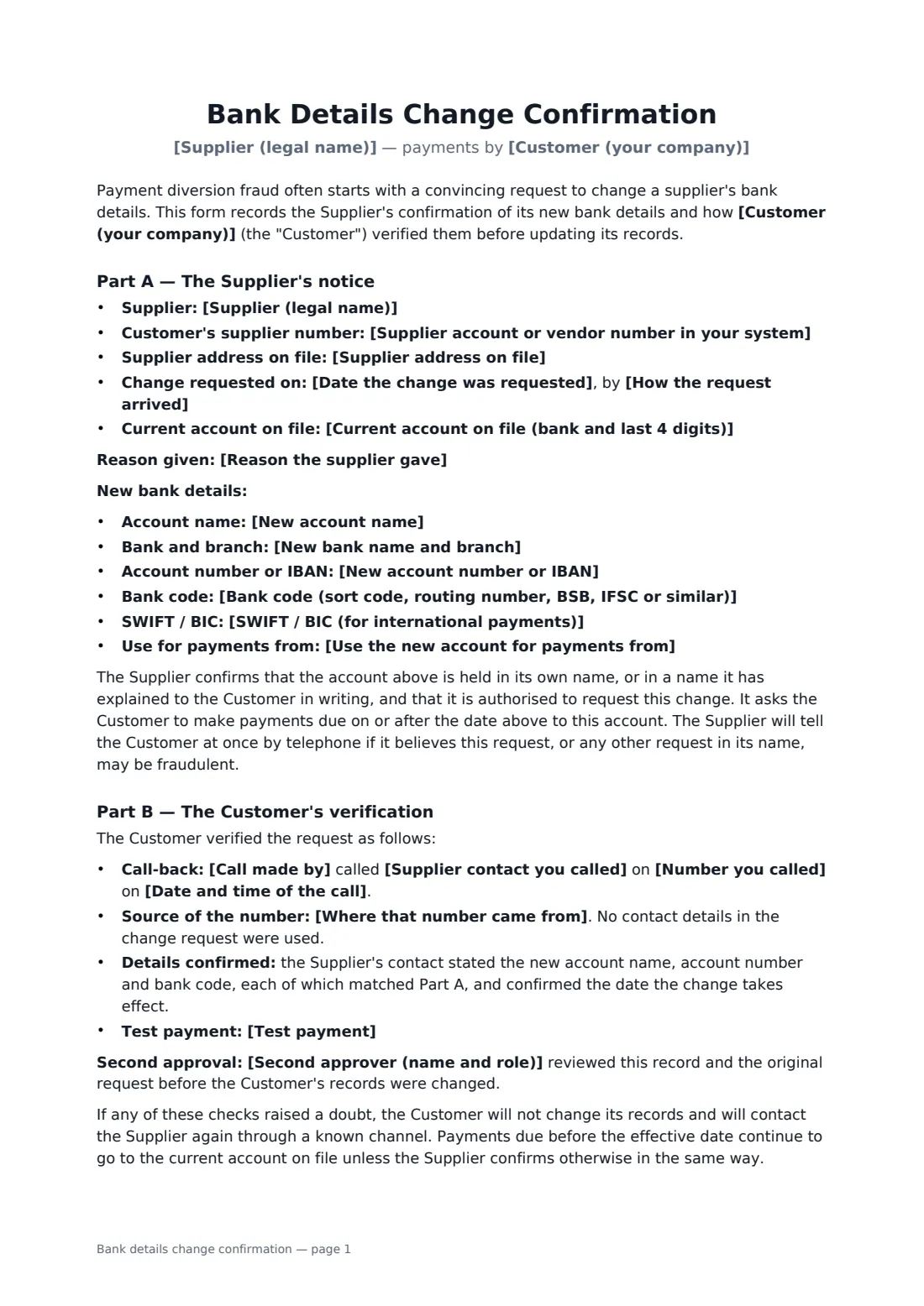 Bank details change confirmation — page 1 of 2