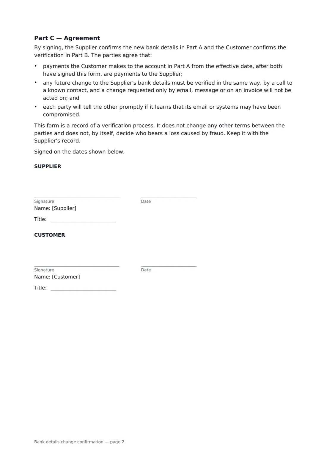 Bank details change confirmation — page 2 of 2