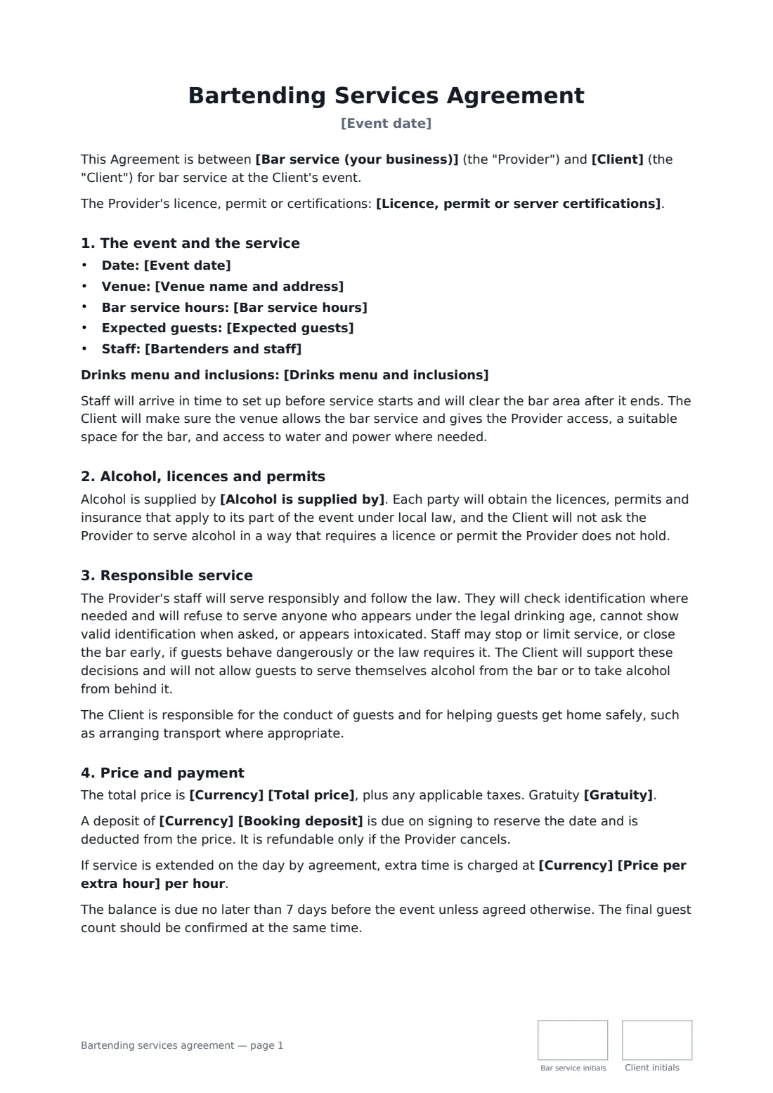 Bartending services agreement — page 1 of 2