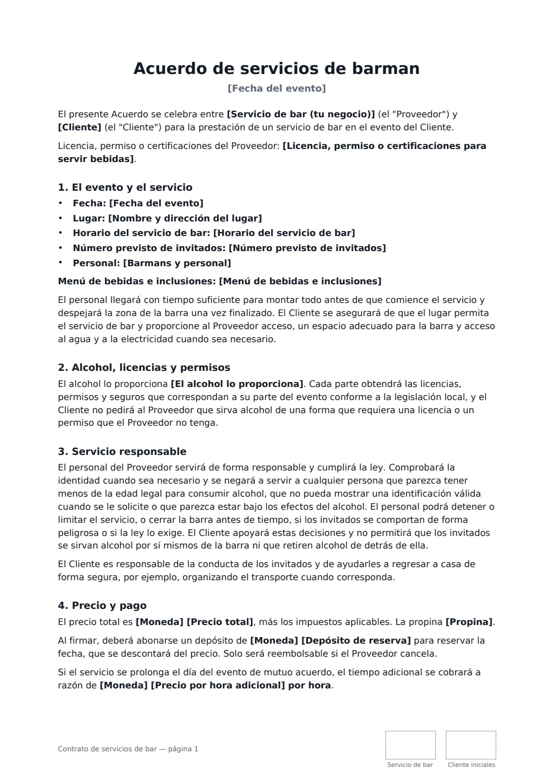 Contrato de servicios de bar: página 1 de 2