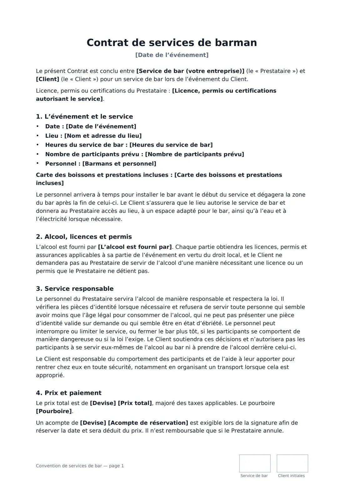 Convention de services de bar — page 1 sur 2