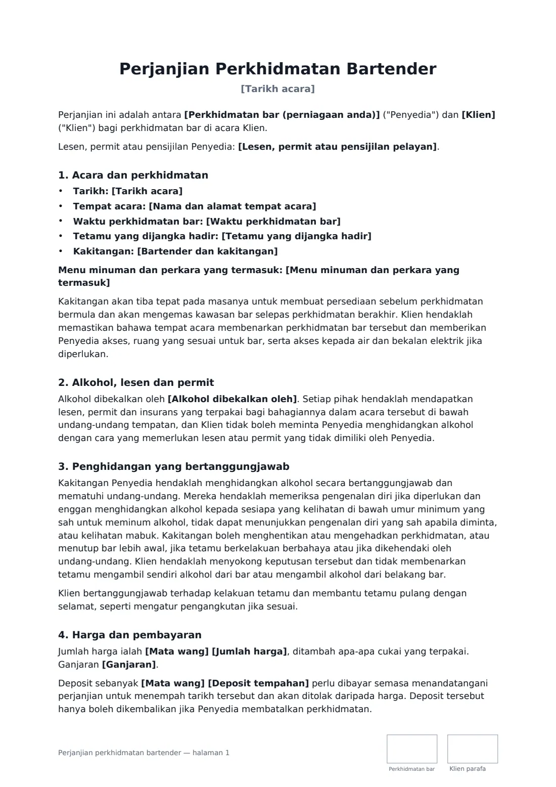 Perjanjian perkhidmatan bartender — halaman 1 daripada 2