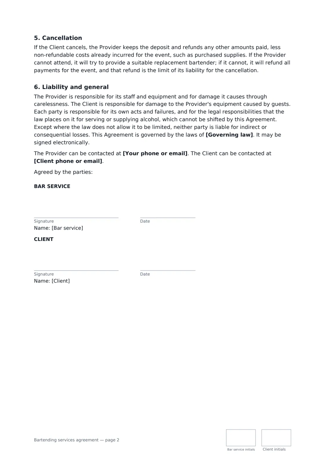 Bartending services agreement — page 2 of 2