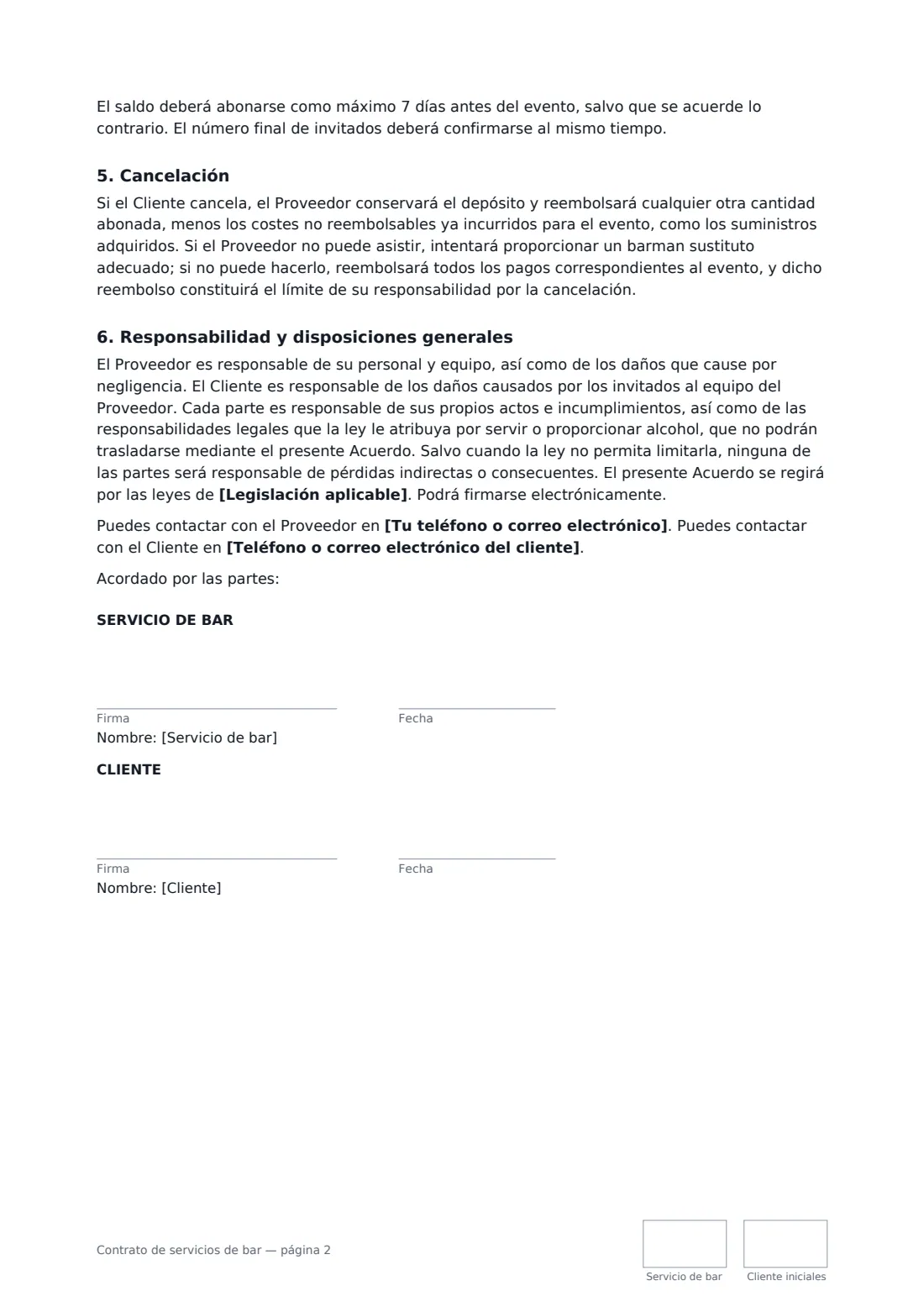 Contrato de servicios de bar: página 2 de 2