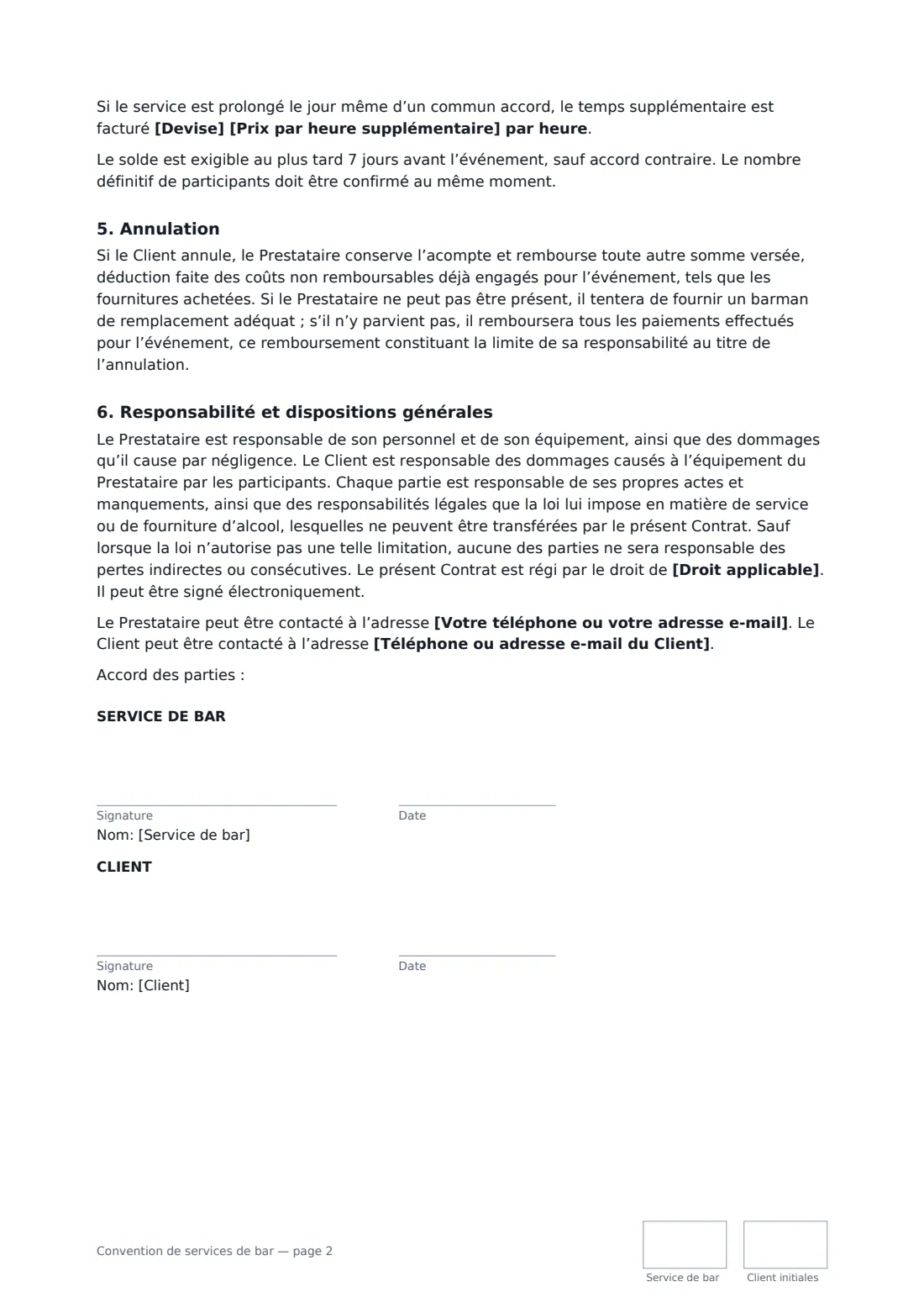 Convention de services de bar — page 2 sur 2