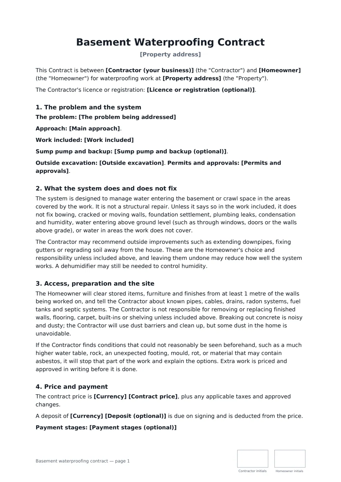 Basement waterproofing contract — page 1 of 2