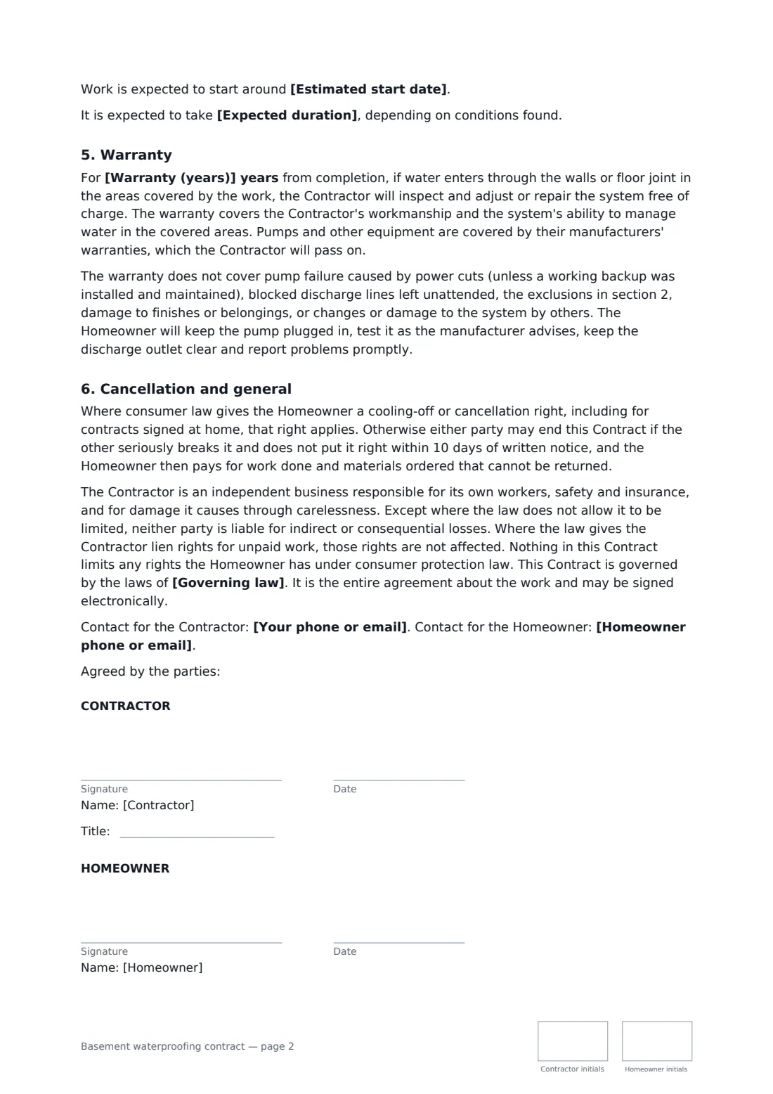 Basement waterproofing contract — page 2 of 2