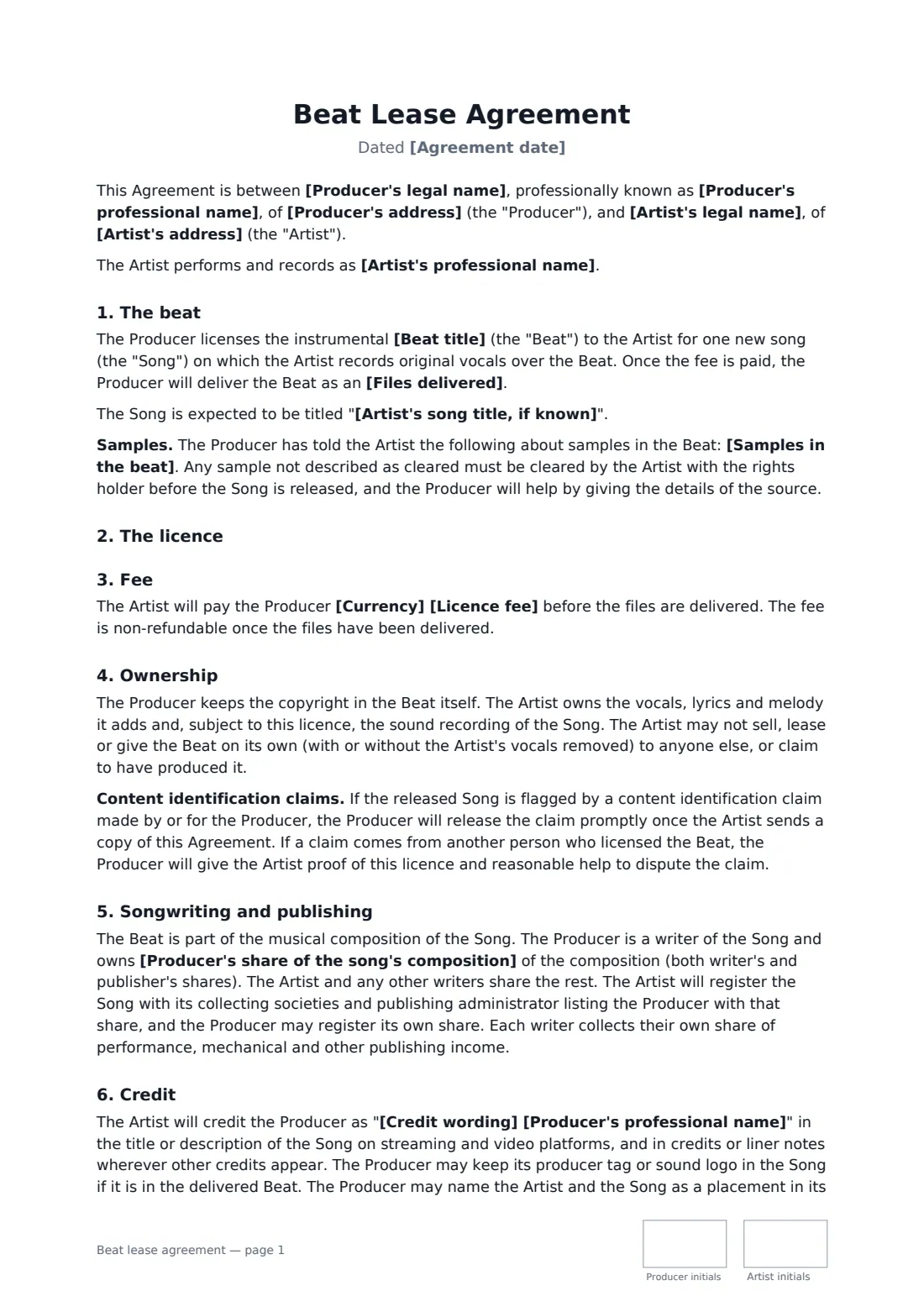 Beat lease agreement — page 1 of 2