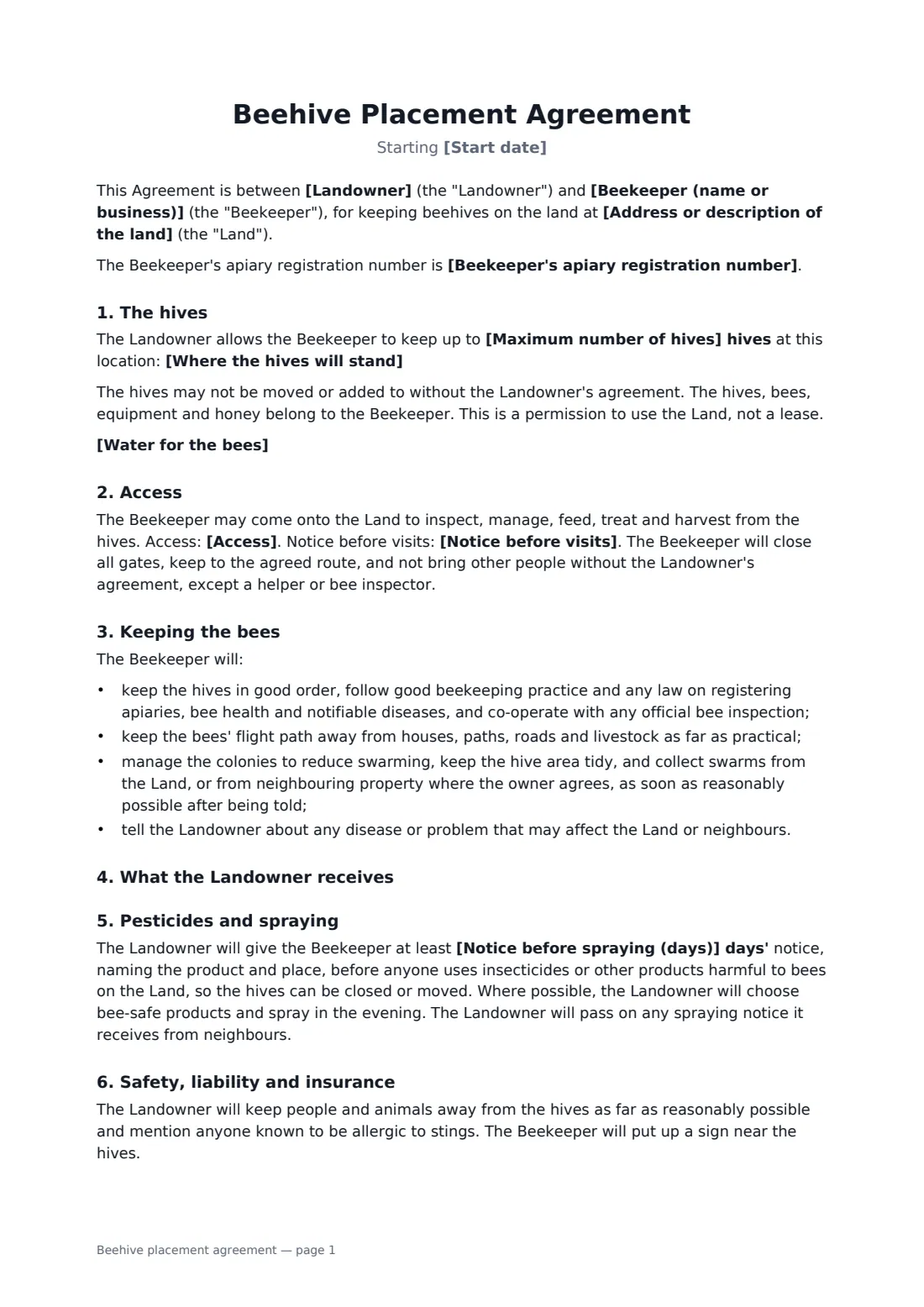 Beehive placement agreement — page 1 of 2