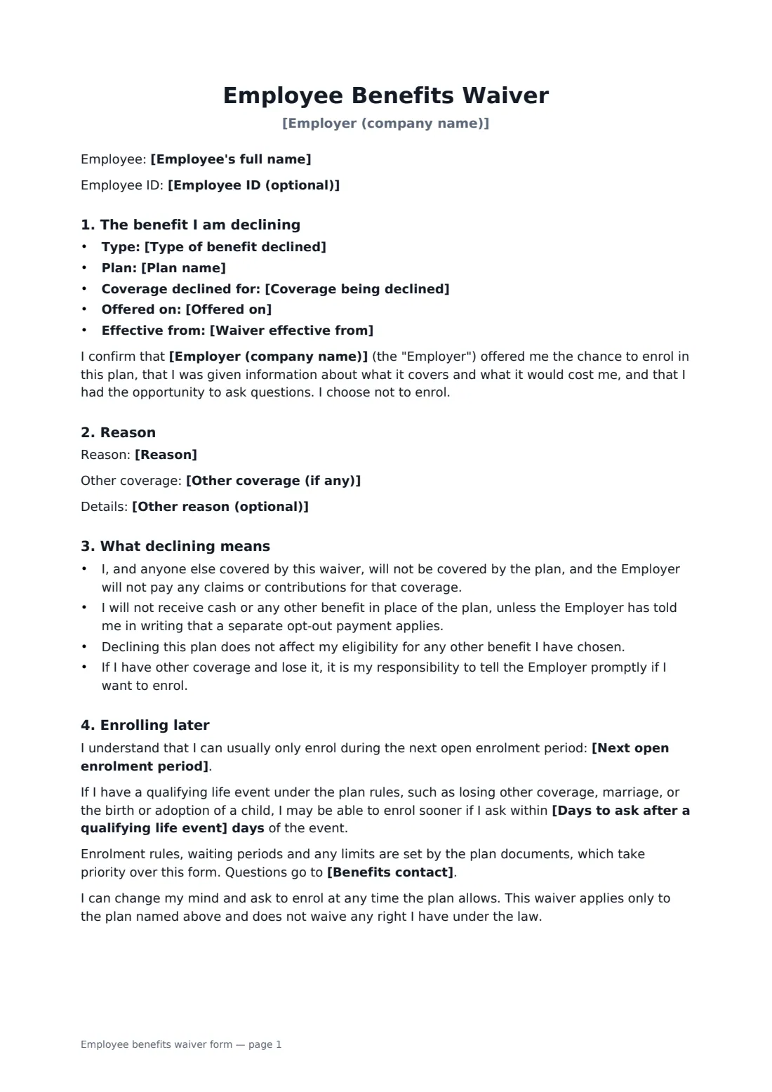 Employee benefits waiver form — page 1 of 2