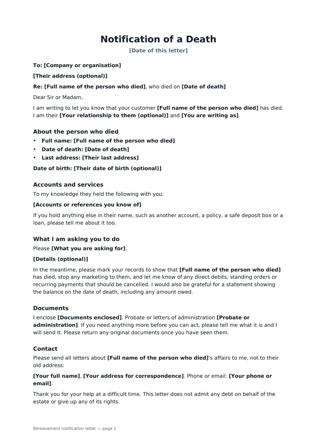 Bereavement notification letter — page 1 of 2