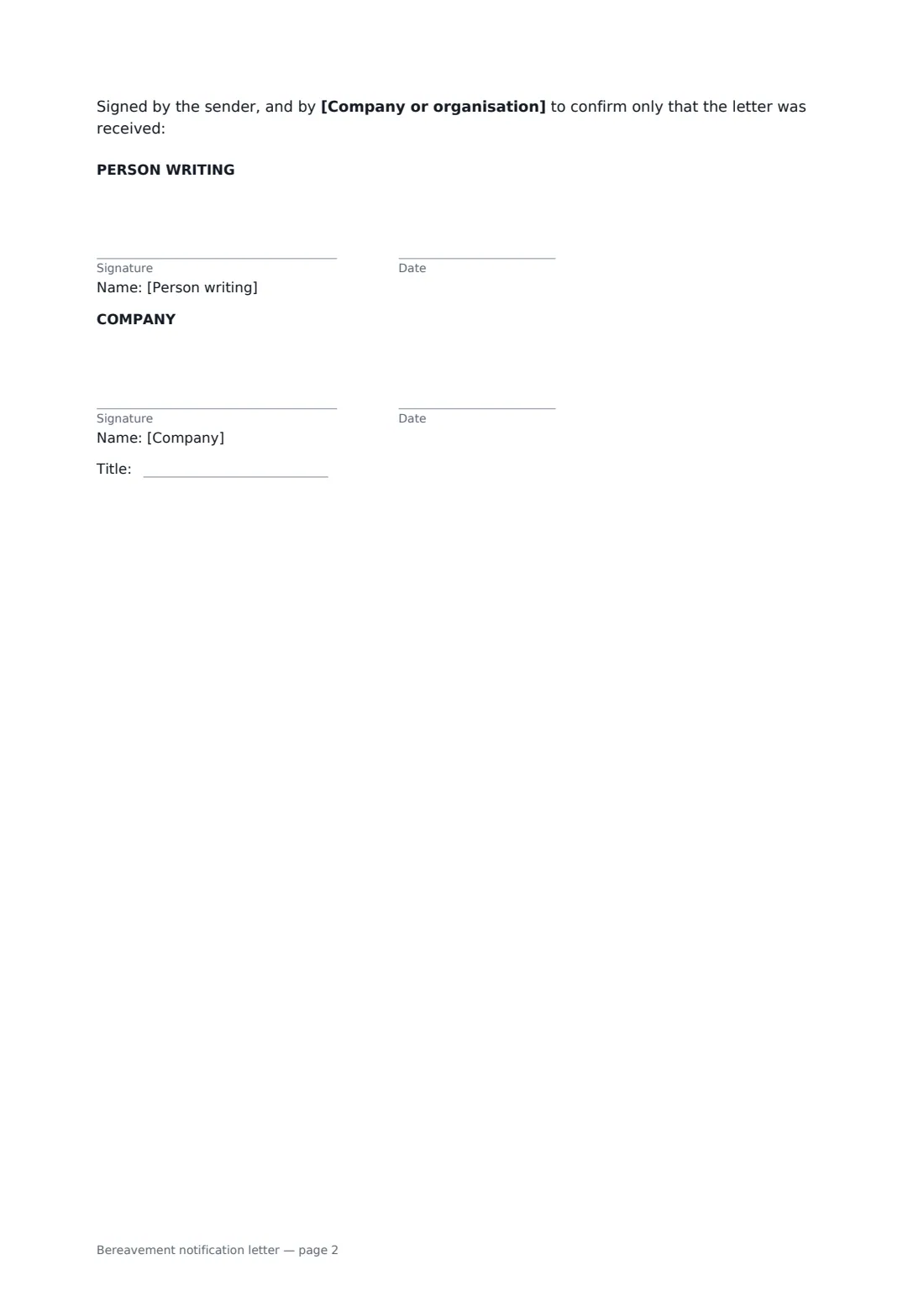 Bereavement notification letter — page 2 of 2