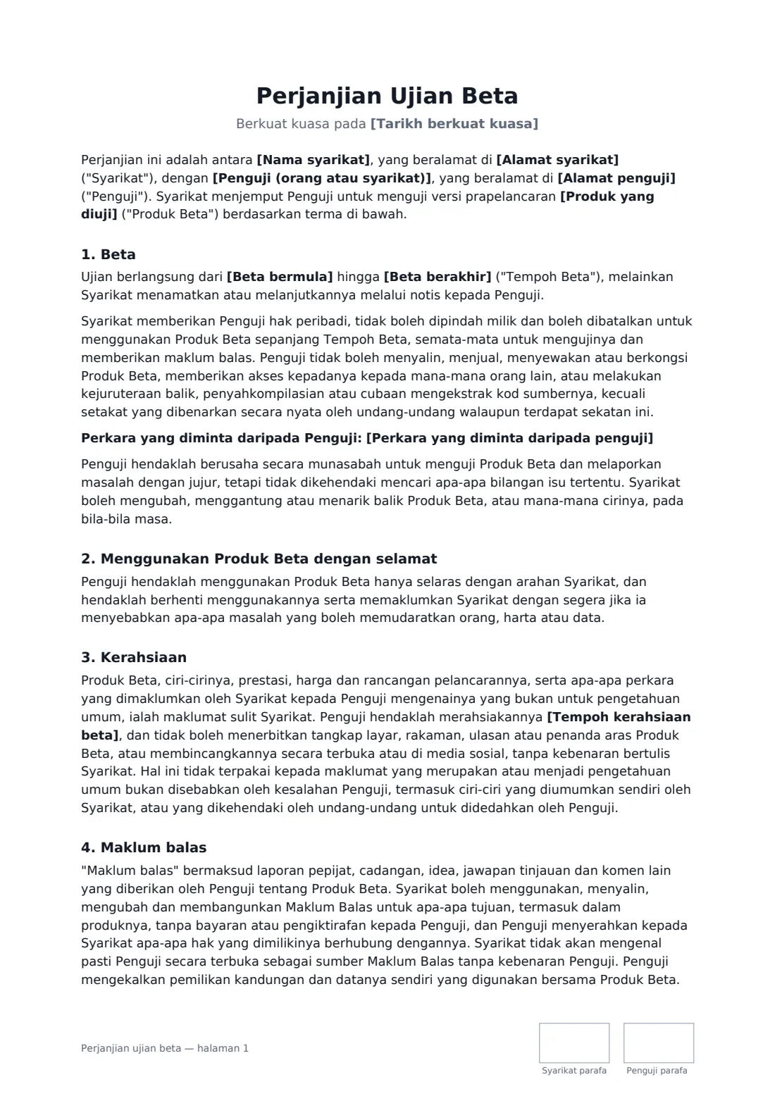 Perjanjian ujian beta — halaman 1 daripada 3