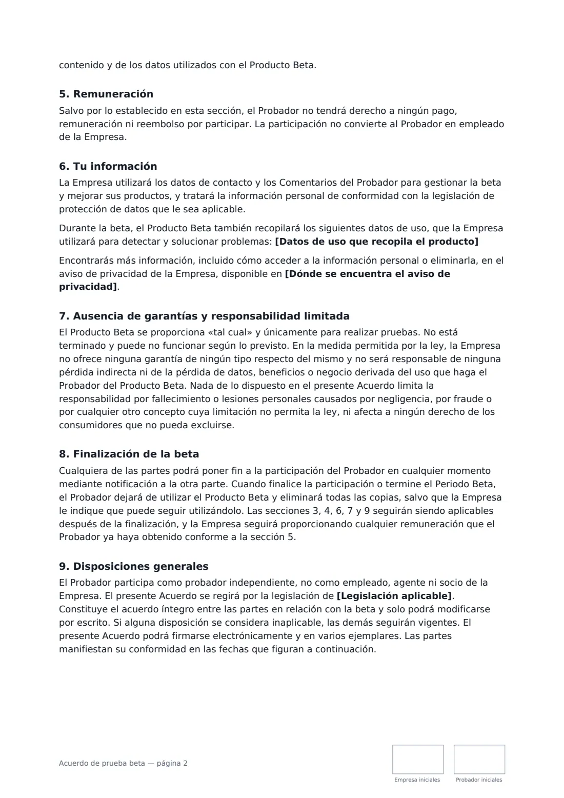 Acuerdo de prueba beta: página 2 de 3