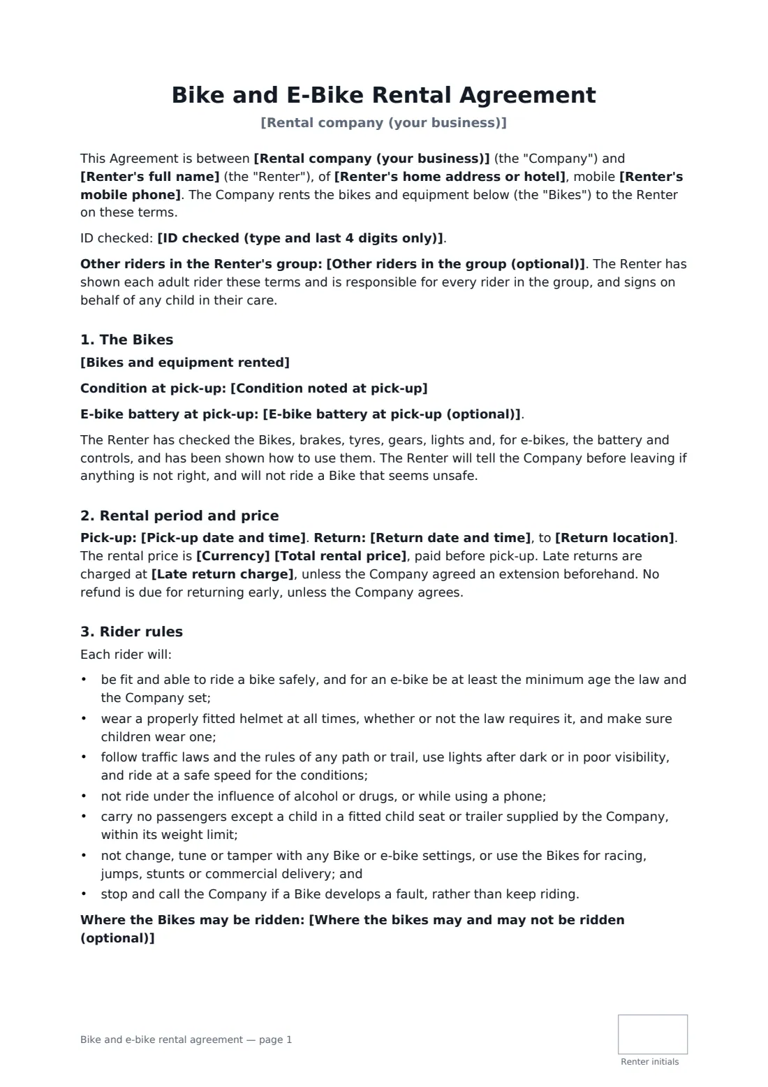 Bike and e-bike rental agreement — page 1 of 3