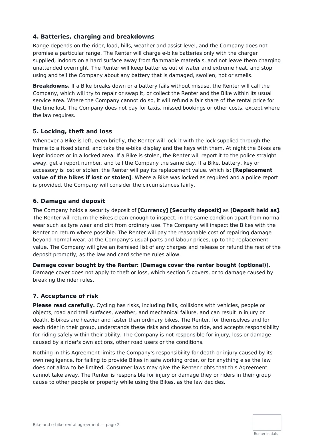 Bike and e-bike rental agreement — page 2 of 3