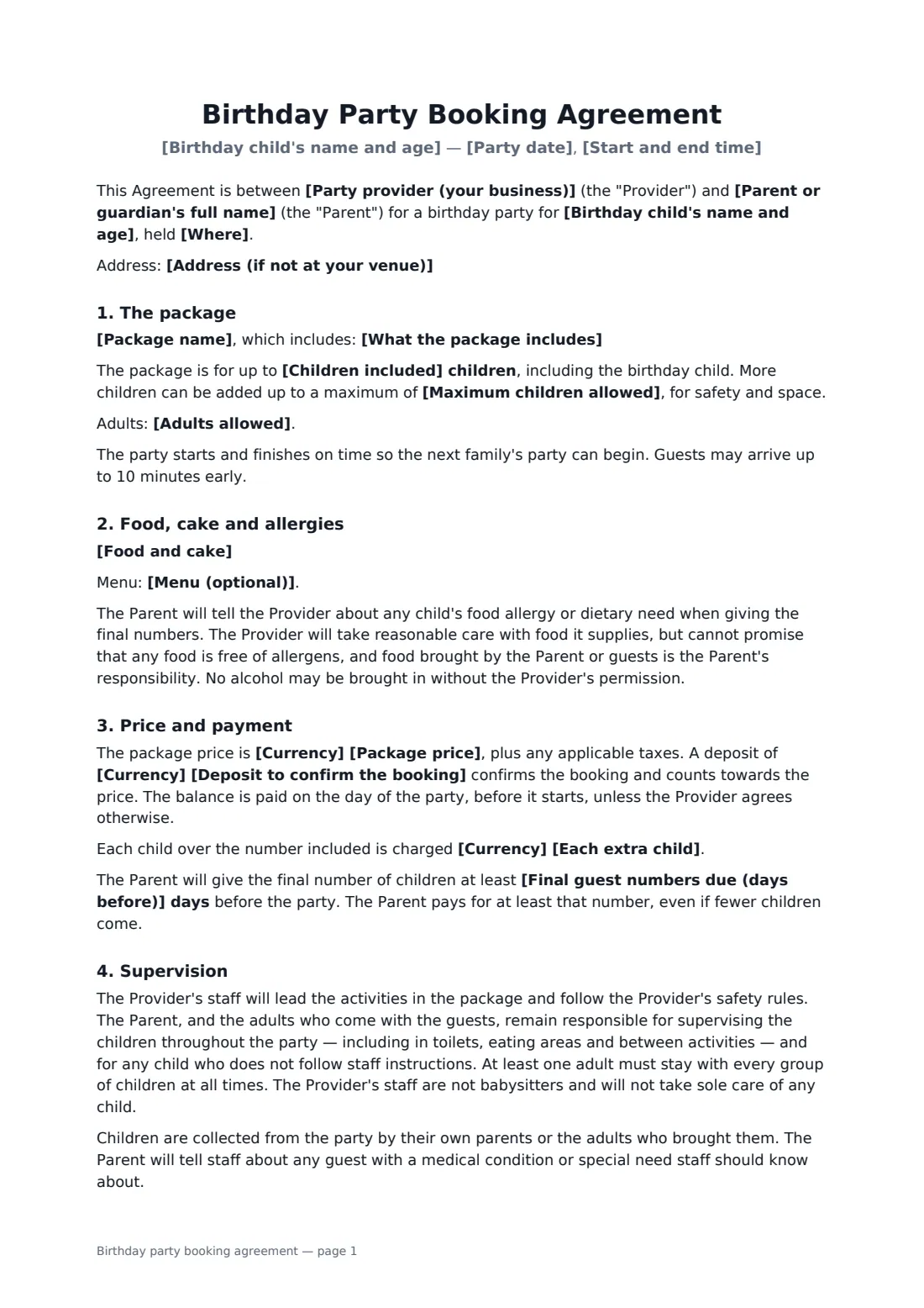 Birthday party booking agreement — page 1 of 2