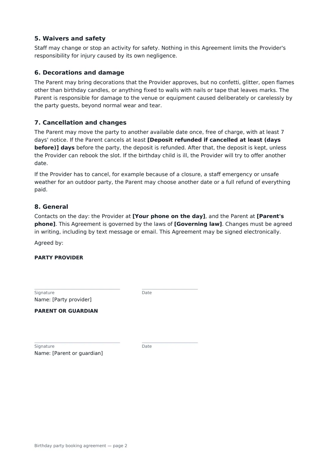 Birthday party booking agreement — page 2 of 2