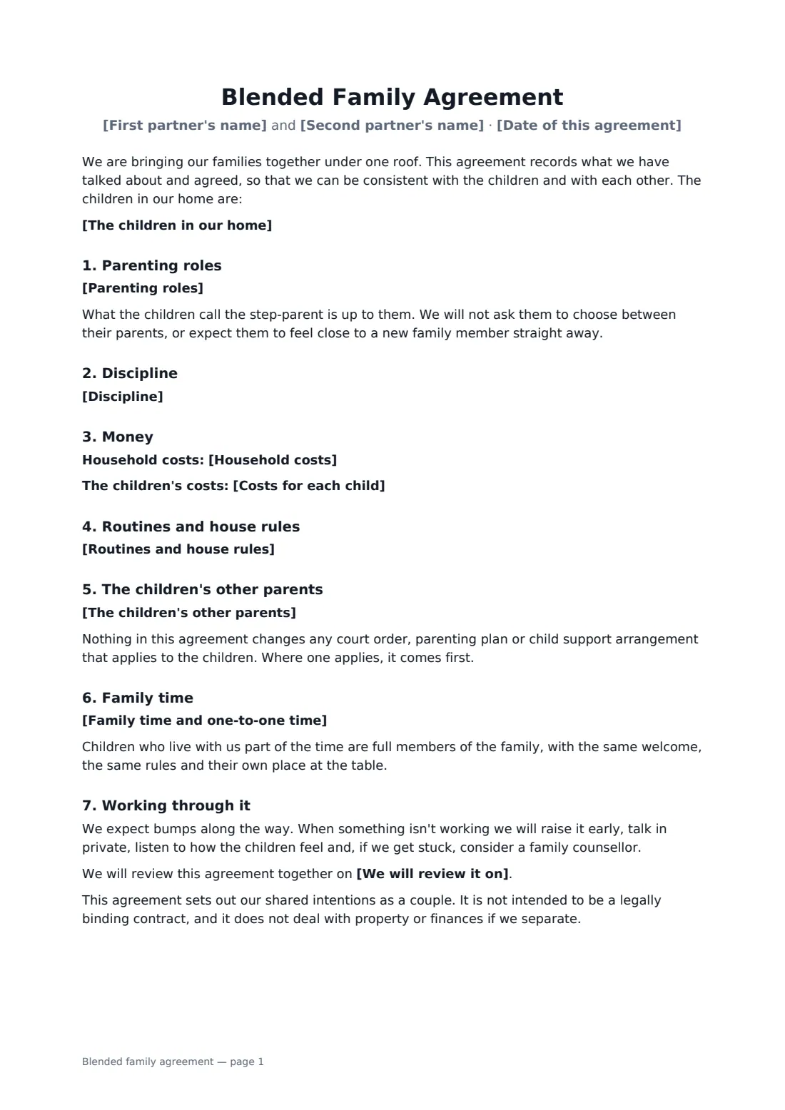 Blended family agreement — page 1 of 2