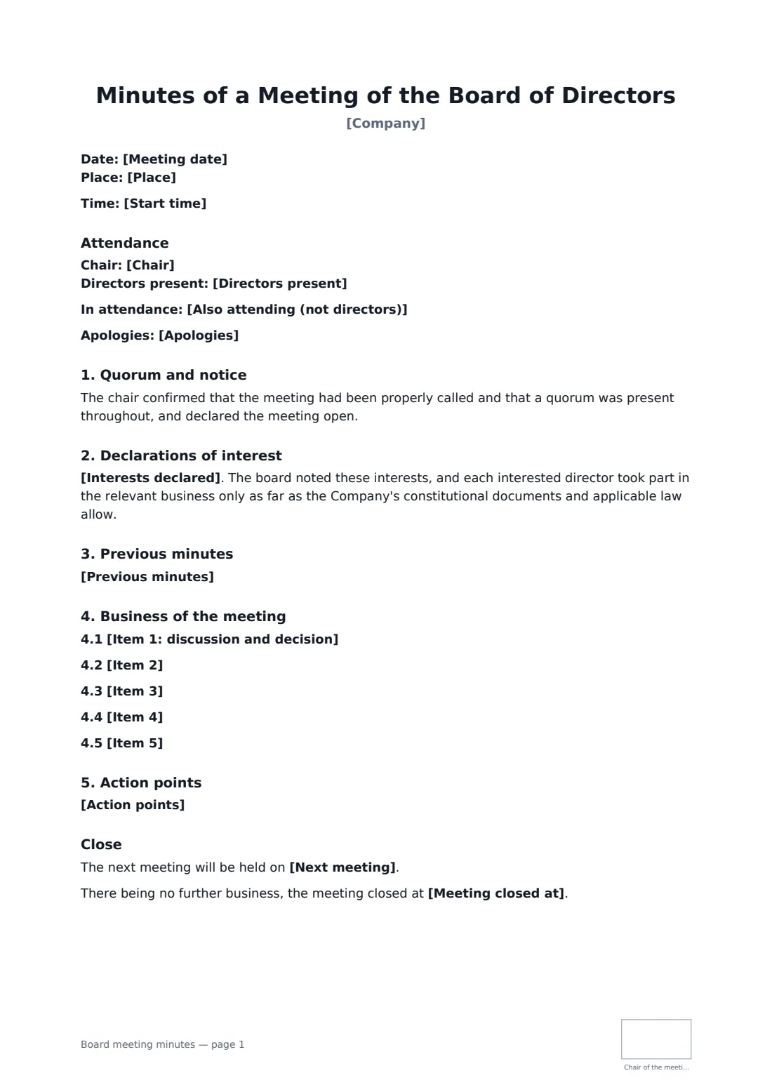 Board meeting minutes — page 1 of 2