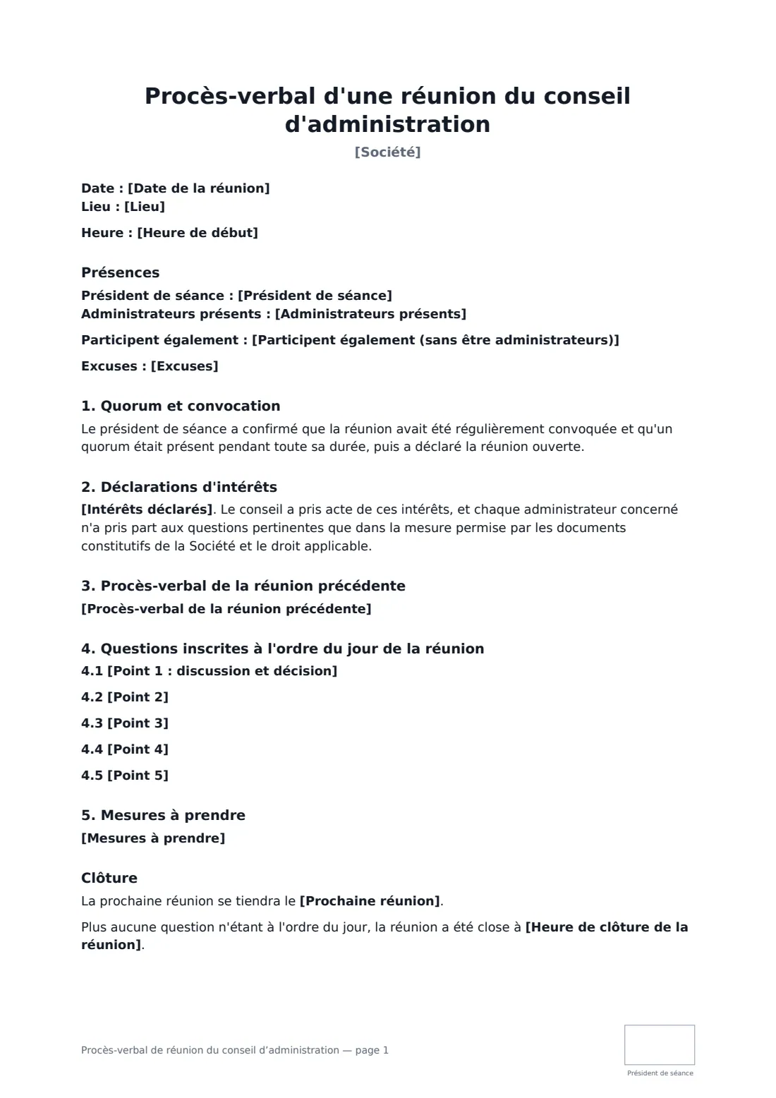 Procès-verbal de réunion du conseil d’administration — page 1 sur 2