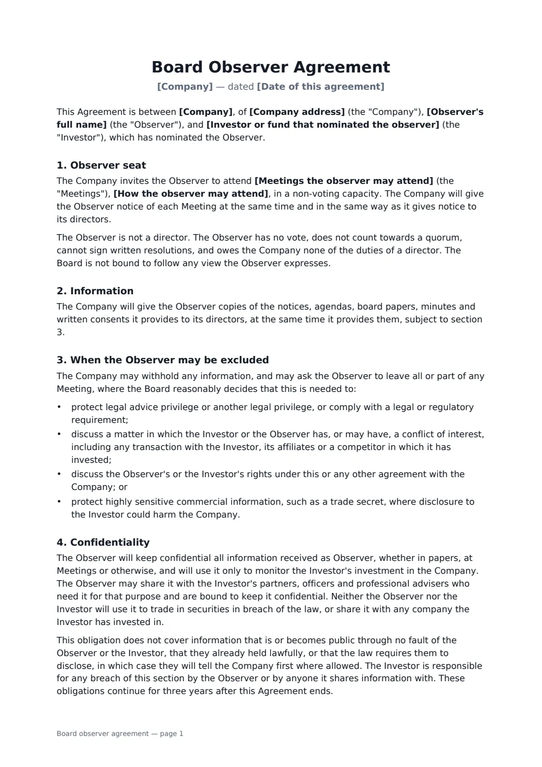 Board observer agreement — page 1 of 2