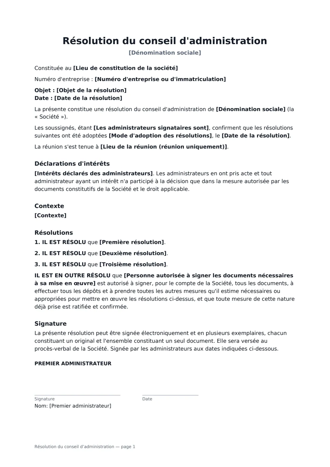 Résolution du conseil d’administration — page 1 sur 2
