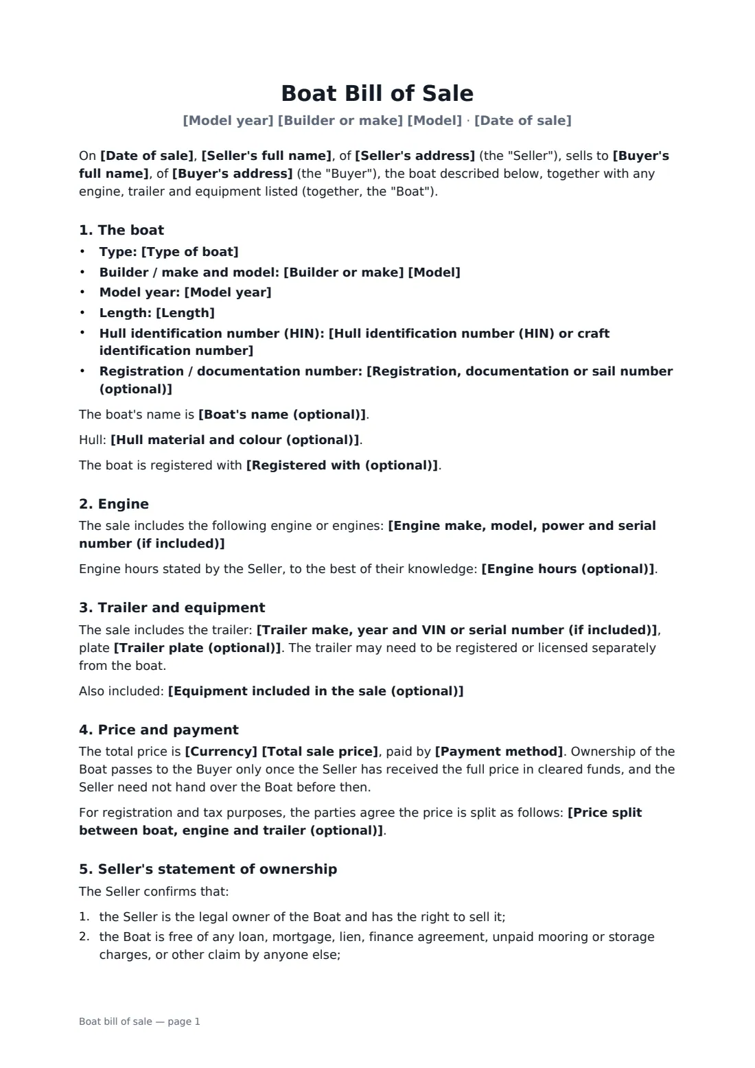 Boat bill of sale — page 1 of 2