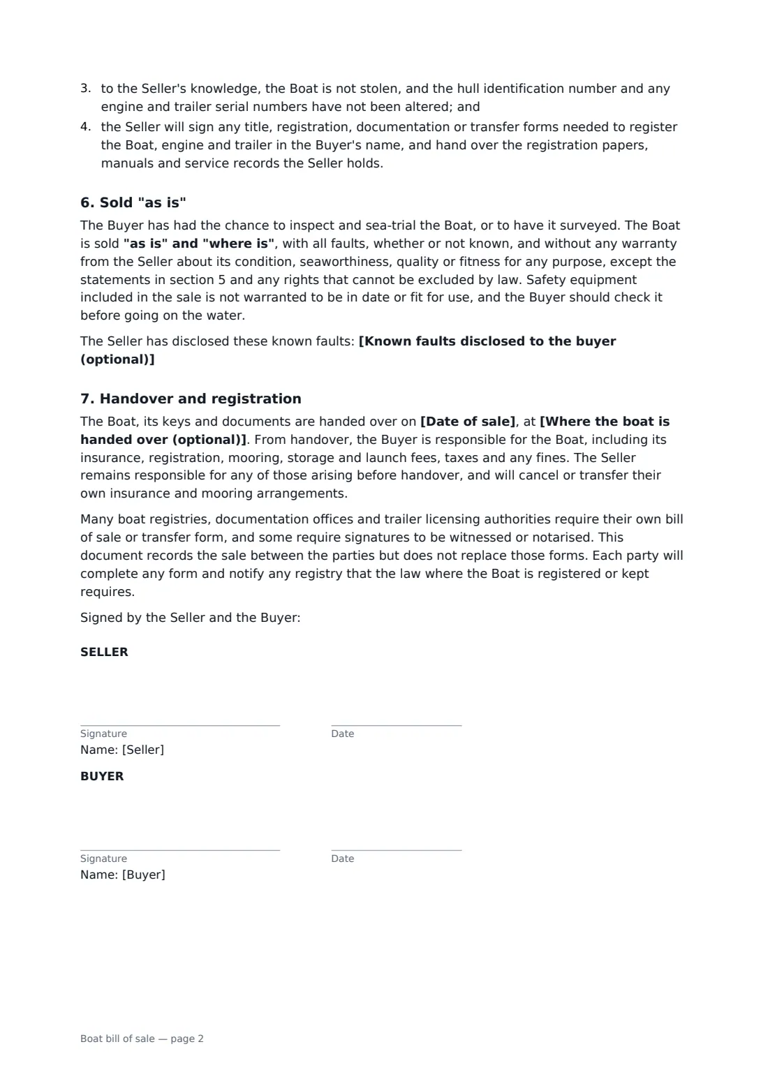 Boat bill of sale — page 2 of 2