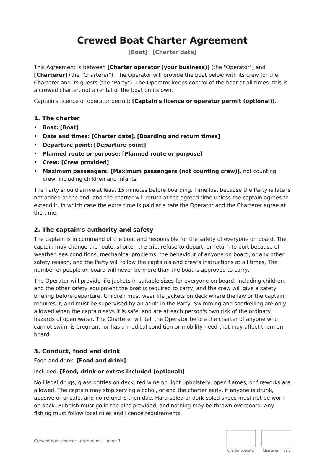 Crewed boat charter agreement — page 1 of 3