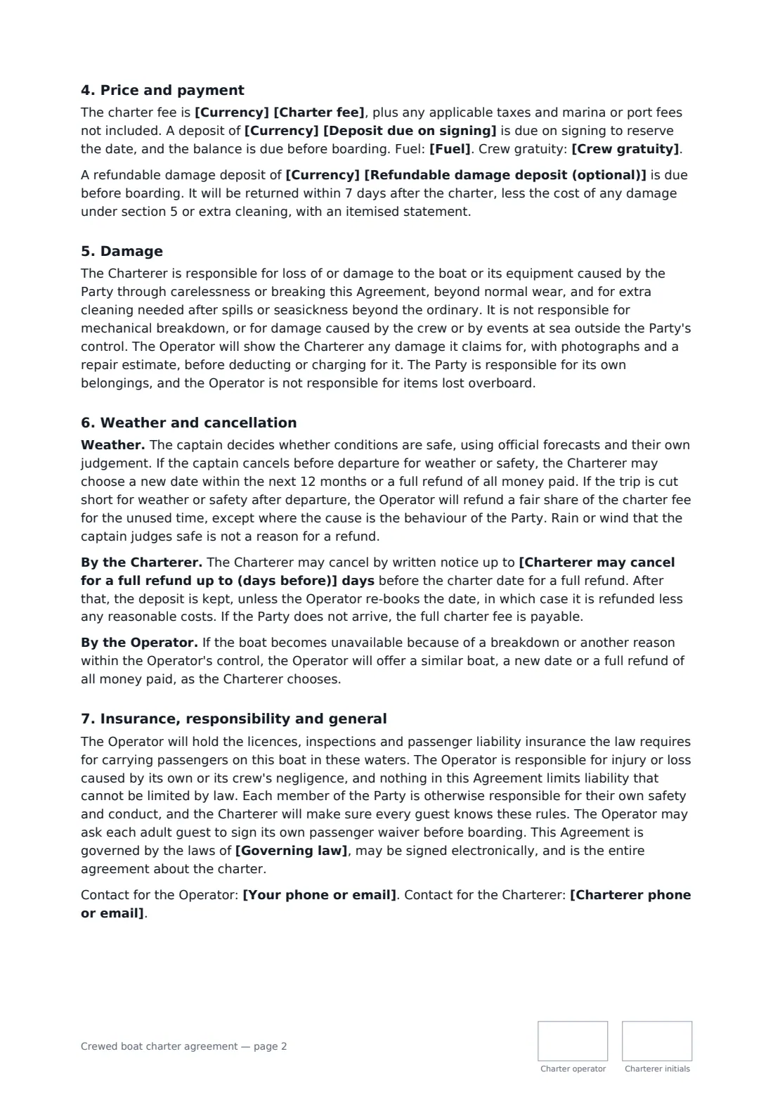 Crewed boat charter agreement — page 2 of 3