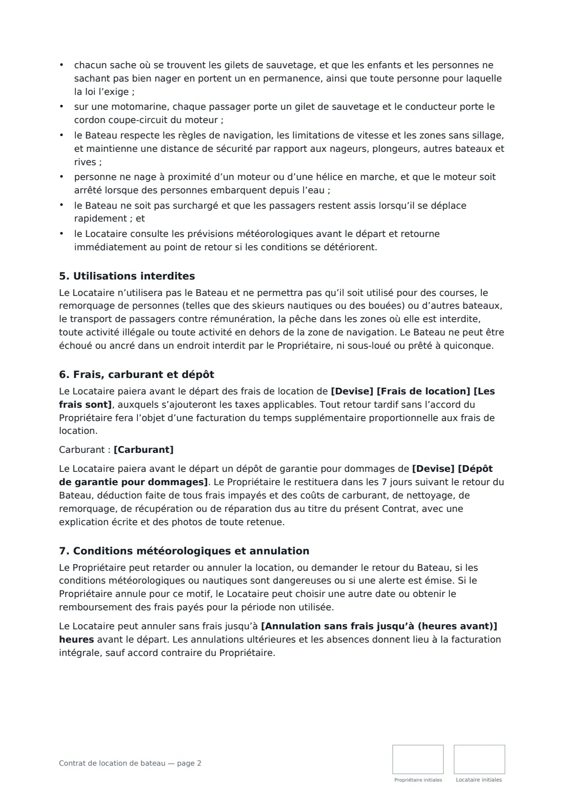 Contrat de location de bateau — page 2 sur 3