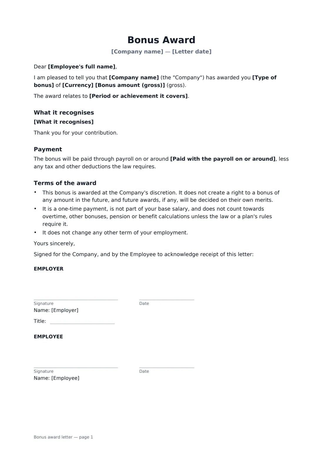 Bonus award letter — page 1 of 1