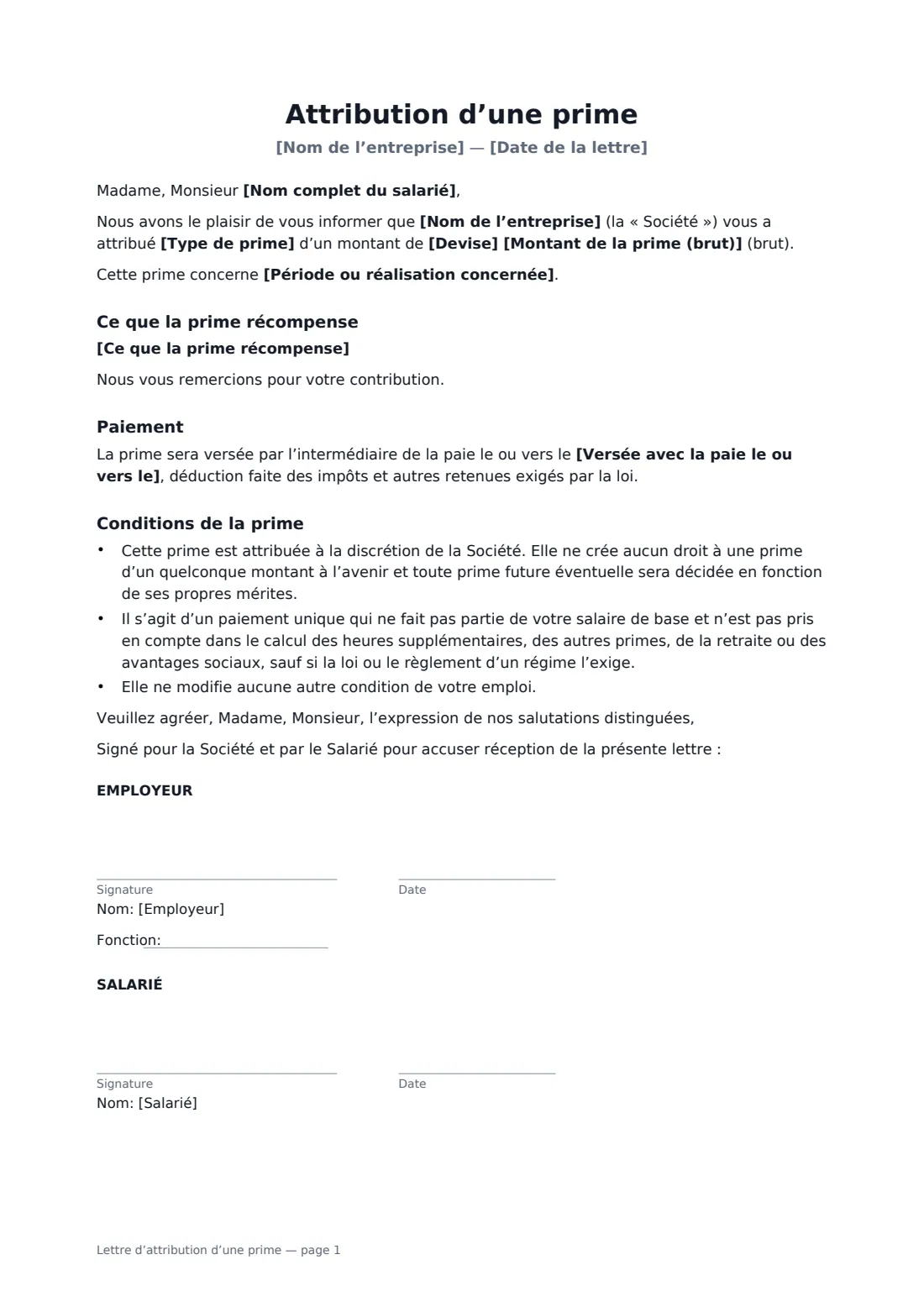 Lettre d’attribution d’une prime — page 1 sur 1