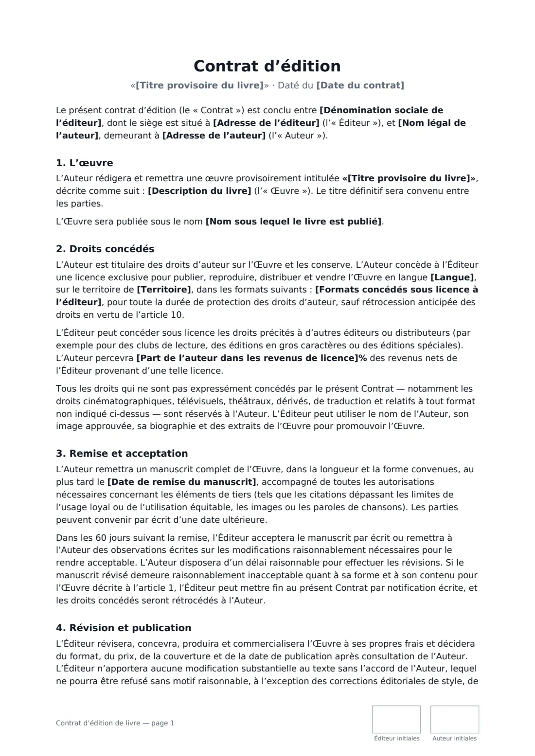 Contrat d’édition de livre — page 1 sur 4