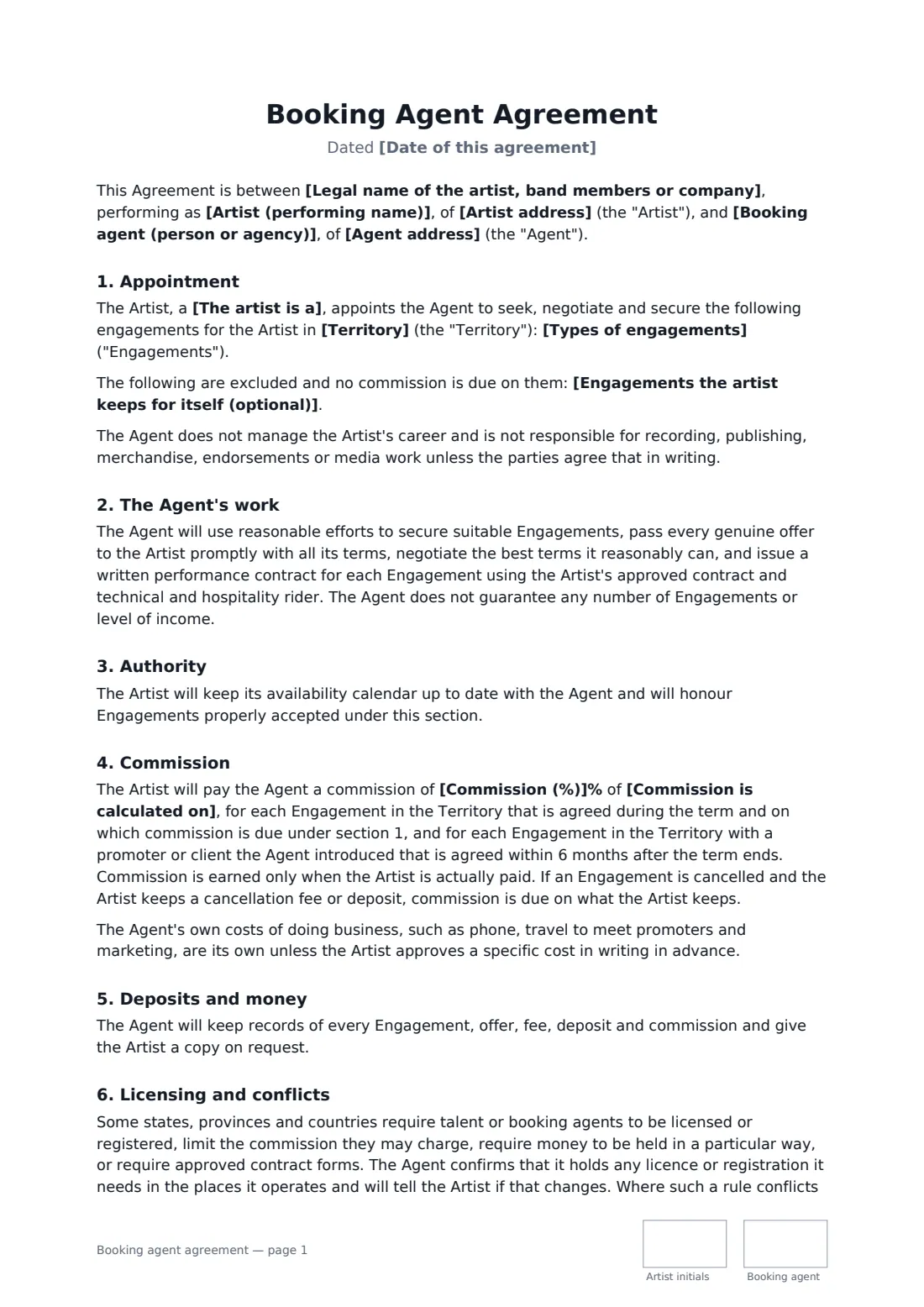 Booking agent agreement — page 1 of 3