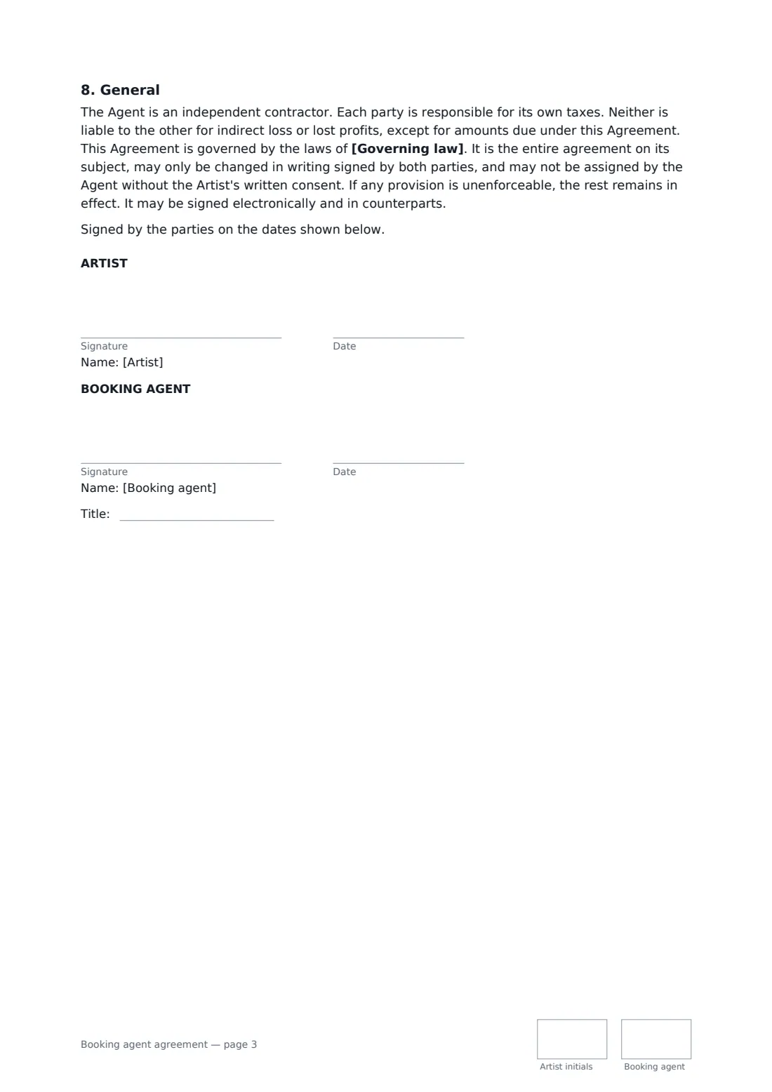 Booking agent agreement — page 3 of 3