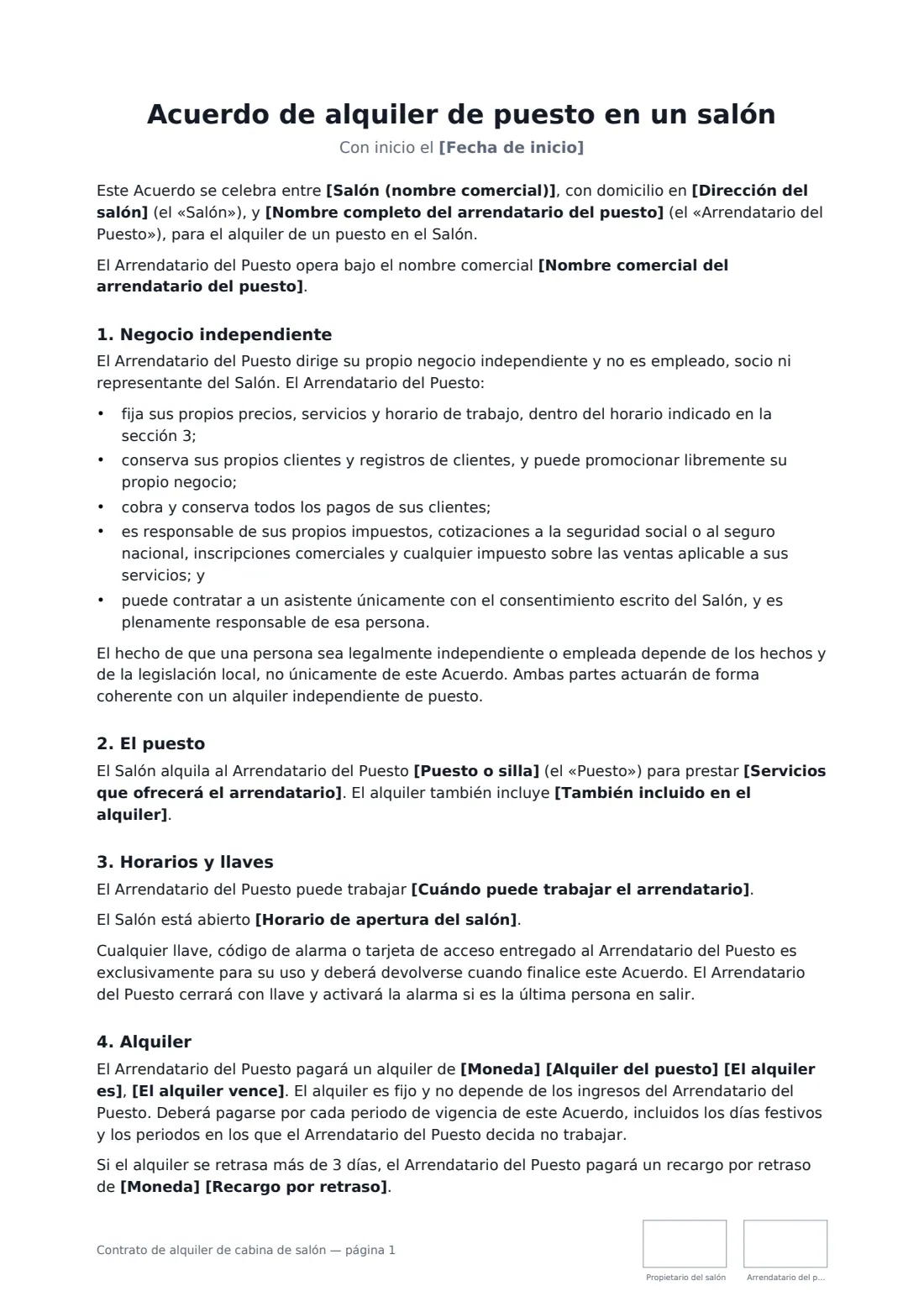 Contrato de alquiler de cabina de salón: página 1 de 3
