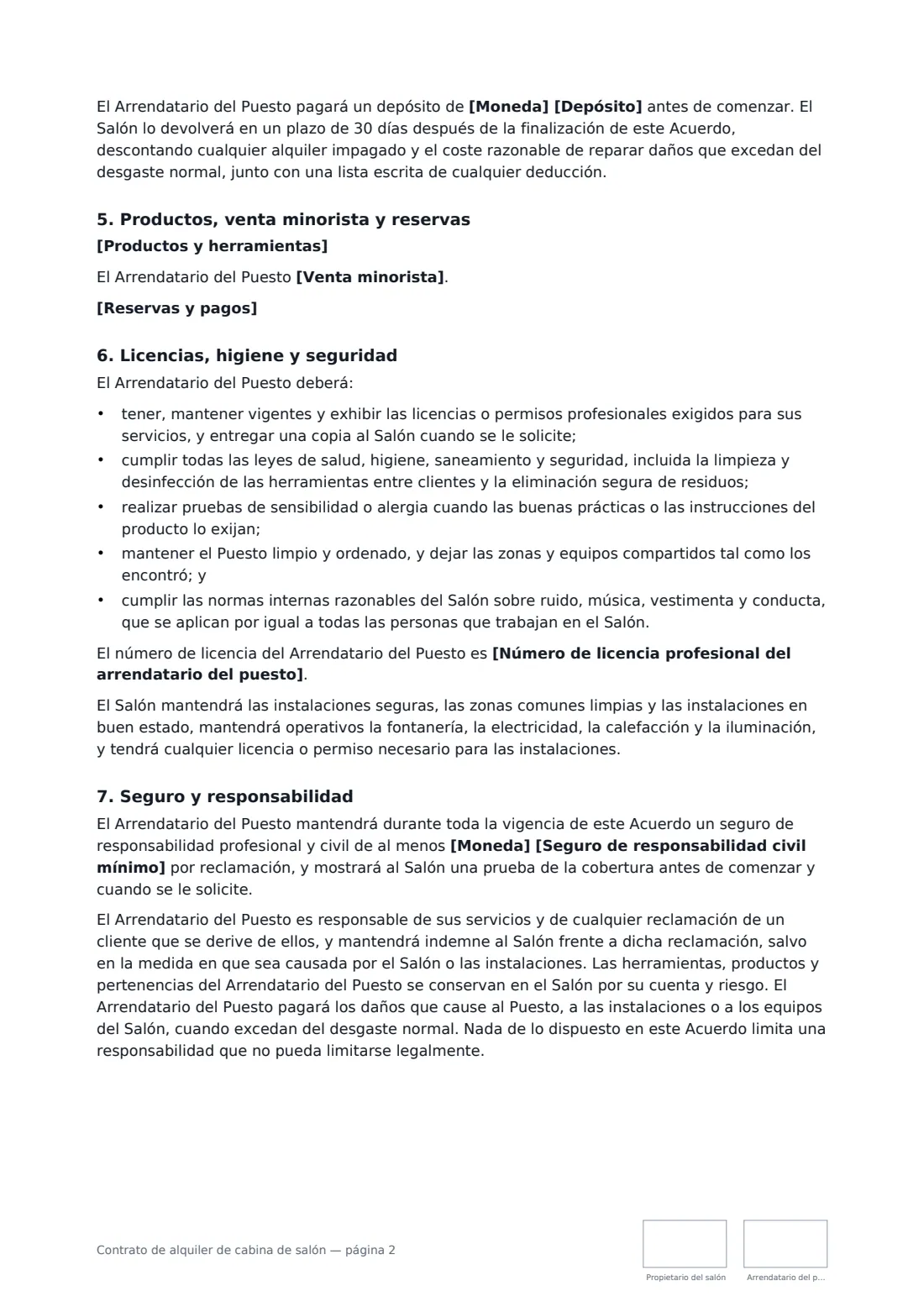 Contrato de alquiler de cabina de salón: página 2 de 3