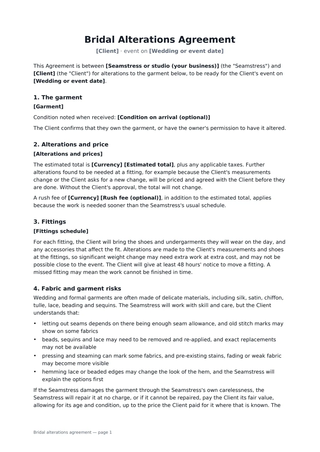 Bridal alterations agreement — page 1 of 2