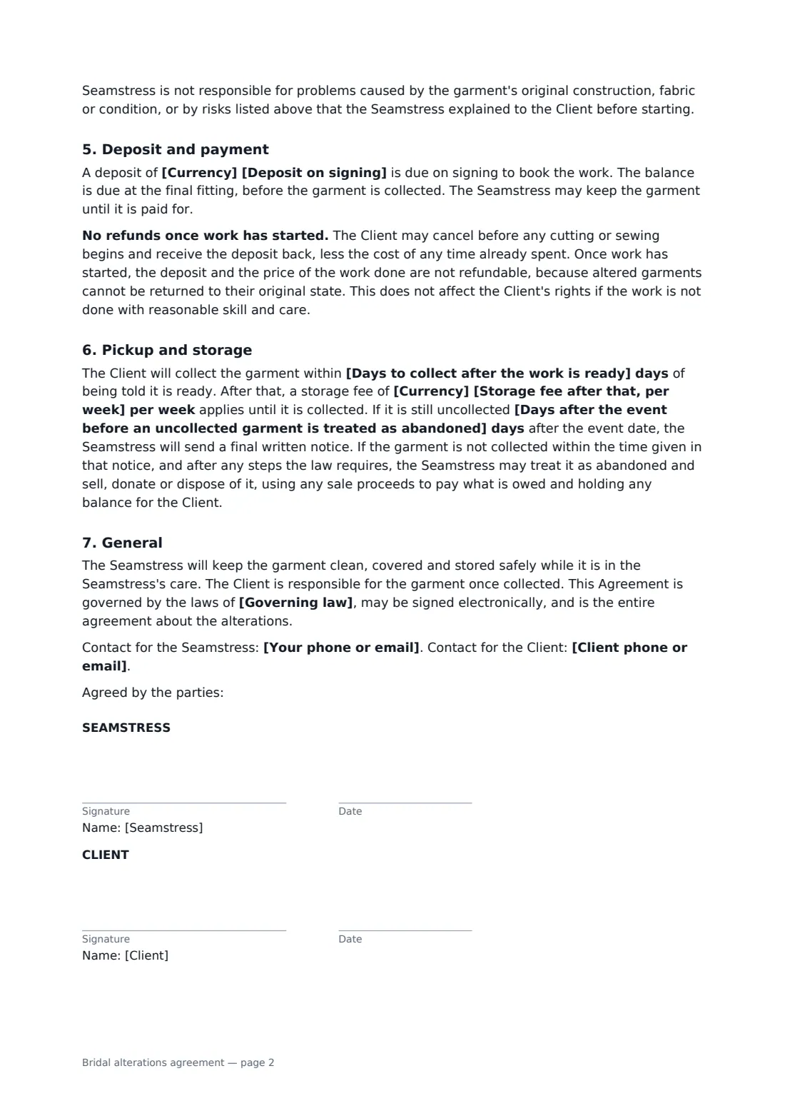 Bridal alterations agreement — page 2 of 2