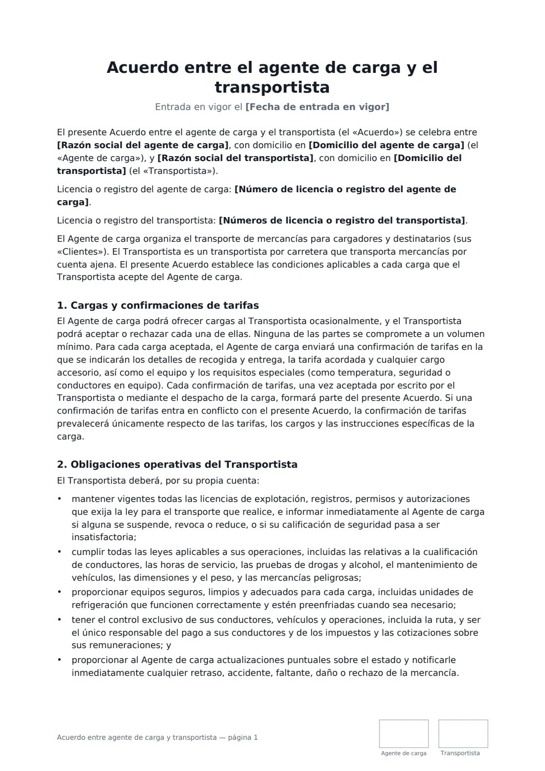 Acuerdo entre agente de carga y transportista: página 1 de 4